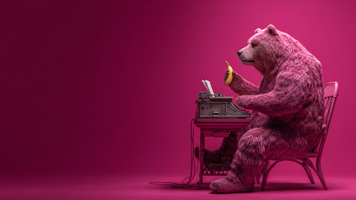 A pink bear sitting at a typewriter holding a banana — because even the small print deserves character