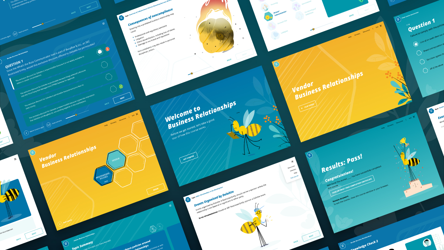 Business Relationships &mdash; screens from the course, with the BR Bee throughout