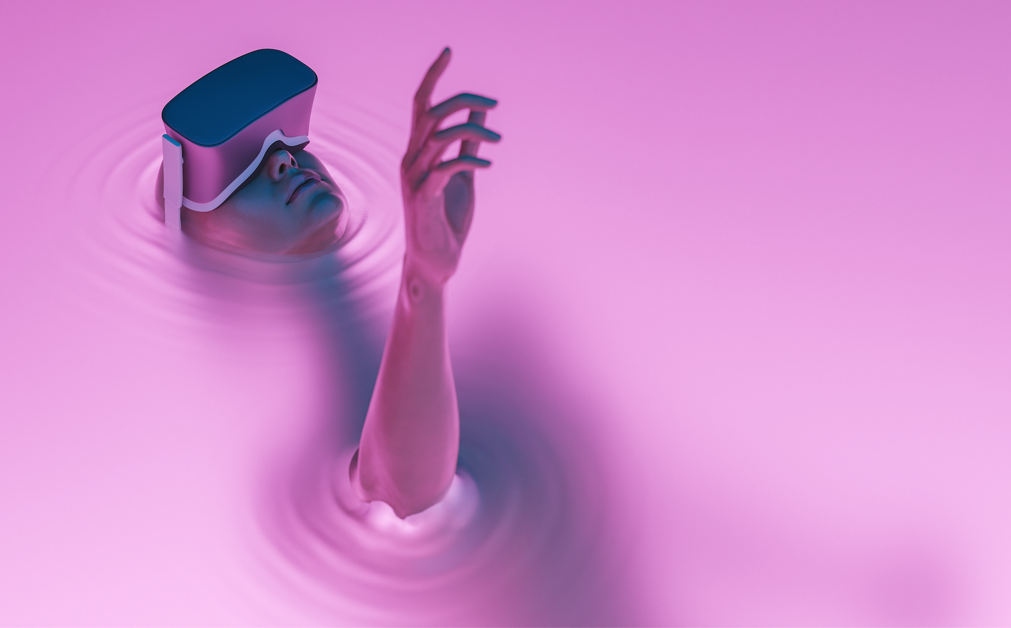 Surrealistic scene of a girl with VR glasses immersed in liquid with neon lighting. metaverse concept, nft, creative art and technology. 3d rendering
