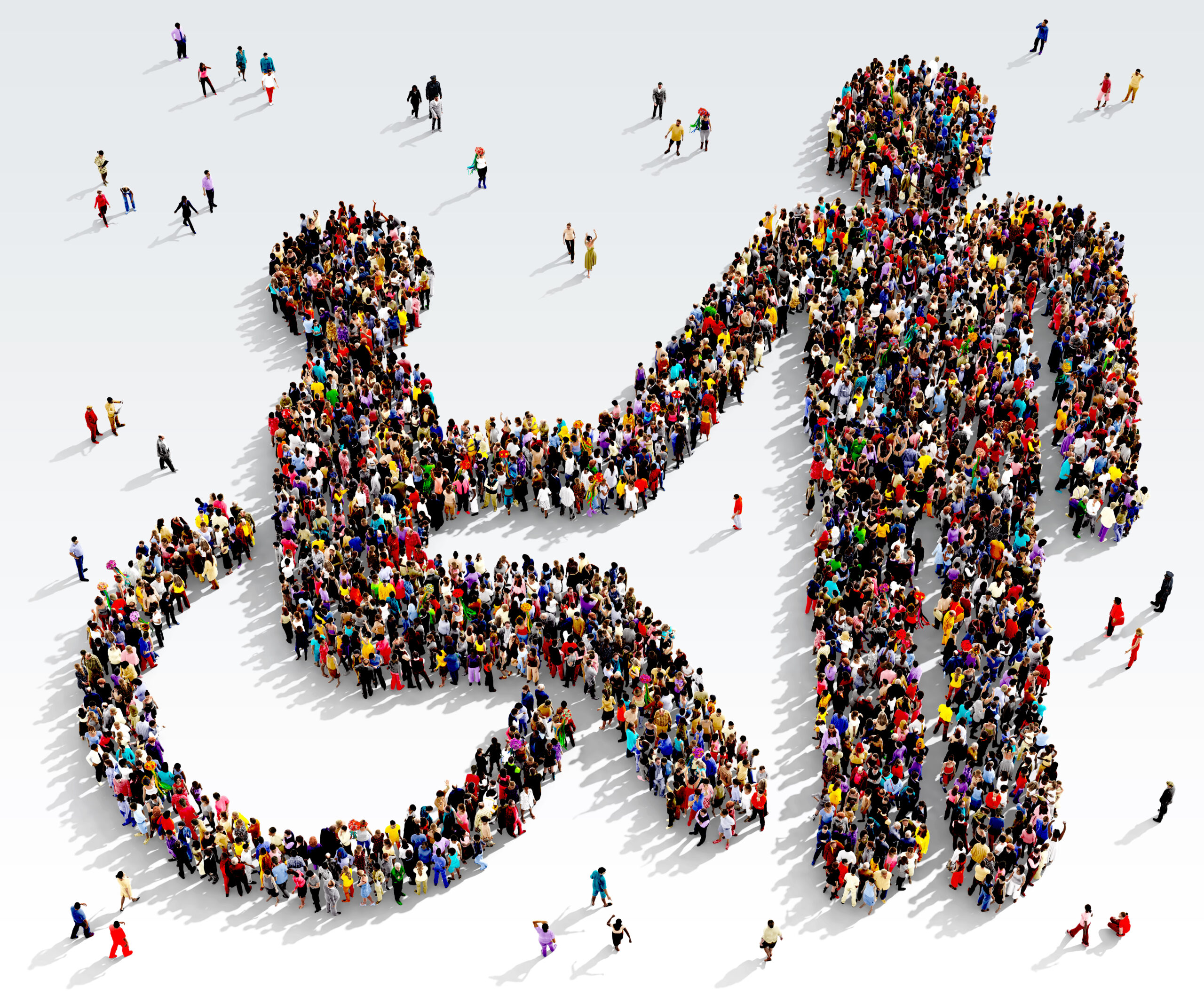 Large and diverse group of people seen from above gathered together in the shape of disabled receiving help symbol, 3d illustration